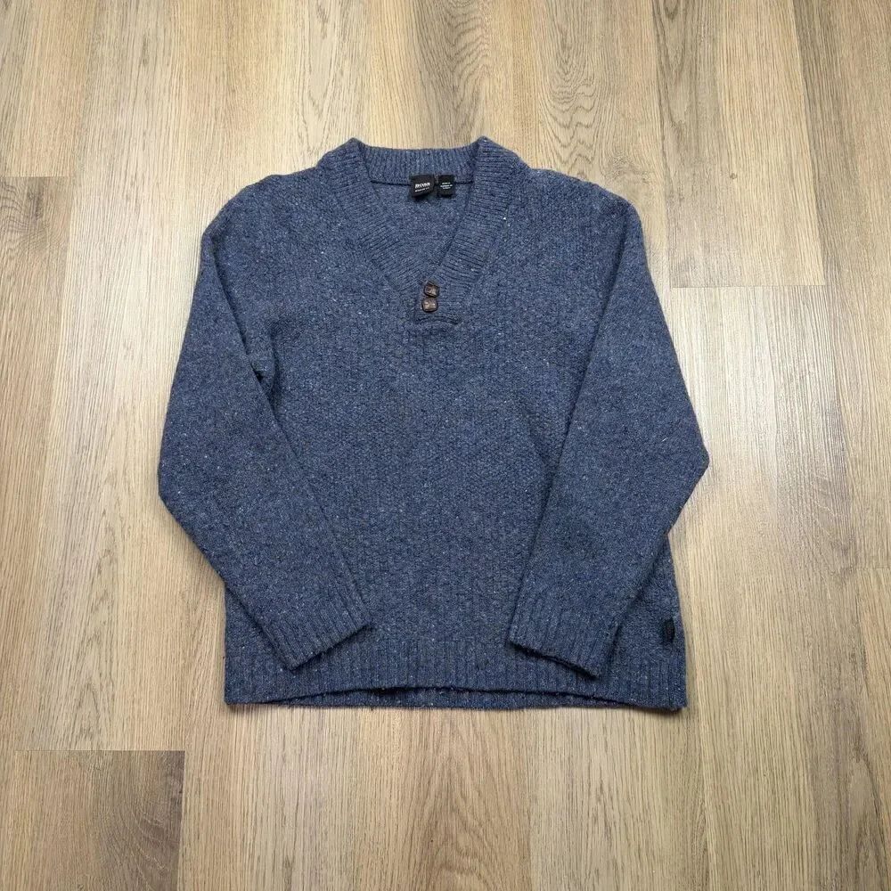 Hugo Boss Sweater Mens XL Blue Button Shawl Collar Wool Knit Pullover Casual